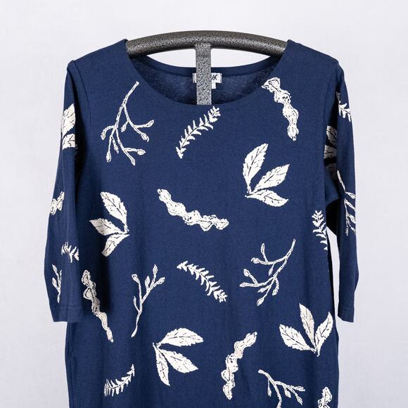 M MAC Botanical Print Shift Dress Blue LARGE Earthy Leaf Boho Casual Lagenlook - Picture 2 of 5